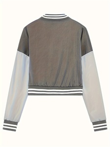 Chaqueta Varsity Gris Blanca para Mujer, Manga Larga, Cuello con Botones, Color Sólido, Poliéster, Ropa de Otoño - Product Image 3