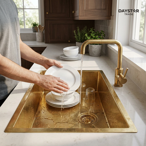Fregadero de Cocina Moderno Daystar Trade, Rectangular, de un Solo Tazón, para Instalar Bajo Encimera, de Cuatro Orificios, Hecho a Mano, de Latón Cepillado, Personalizable, Estilo Antiguo - Product Image 2