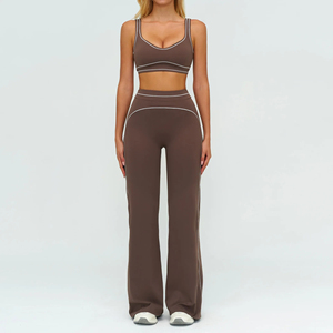 Ensemble de yoga 4 pièces pour femme : Leggings mi-taille longs, soutien-gorge de sport dos nageur à col rond, extensible, motif écossais uni, pour fitness et entraînement - Product Image 6
