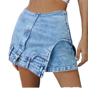 <b>Women's</b> High Waist Asymmetric Denim Shorts Solid Color Washed Cotton Casual Summer Streetwear Style Jean Shorts - Product Image 3