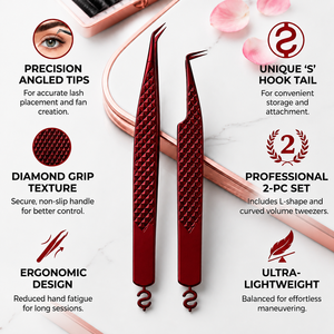 Pinzas para pestañas rojas con textura de diamante y extremos en forma de S para una aplicación precisa - Product Image 6