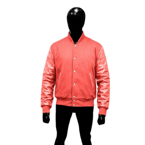 Veste universitaire corail pour homme avec manches en cuir PU, col rabattu décontracté, coupe régulière, pour l'automne – Veste élégante à boutons-pression, style athlétique - Product Image 1