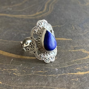 Wholesale Bali Filigree 925 Silver <b>Lapis</b> <b>Lazuli</b> <b>Ring</b> Vintage Teardrop Pear Blue Gemstone Ethnic Jewelry Bulk Supplier - Product Image 2