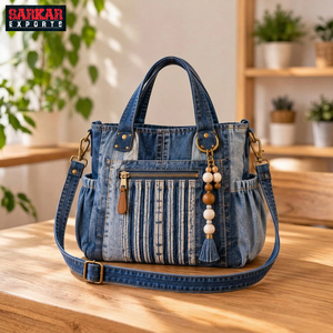 Bolso Tote de Mezclilla para Mujer, Bolso de Compras con Decoración Frontal con Logotipo Personalizado, Bolso de Mano de Lona de Mezclilla de Gran Capacidad a la Moda - Product Image 3