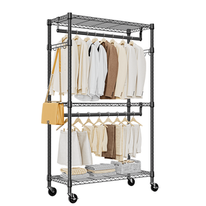 Heavy Duty 3-Tier Adjustable Wire Clothe Rack 2 Rods with Side <b>Hooks</b> Convenient Rolling Storage Closet Closet Organizer - Product Image 1