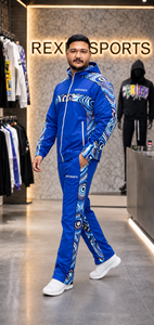 REXFIT SPORTS 2026 Ensemble de survêtement personnalisé pour homme en nylon bleu, veste à capuche entièrement zippée et pantalon avec empiècements imprimés, vêtements de sport personnalisés - Product Image 3