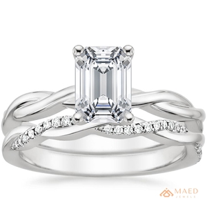 <b>Emerald</b> Cut Moissanite Bridal <b>Ring</b> Set <b>Silver</b> Tone Engagement Wedding Band Twisted Shank Pave Accents Fine Jewelry Gifts for Her - Product Image 1