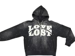 Men's Distressed French Terry Oversized Boxy Zipper Hoodie Rhinestone Embroidery Patch Custom Logo breathable Tracksuits - Product Image 5