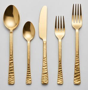 Gold Plated Metal Flatware Set With Hammered Handle Modern Design For Wedding Dining Kitchen Home Restaurant Use - Product Image 1