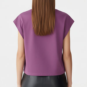 Customized Women's Purple <b>Cap</b> <b>Sleeve</b> Crop <b>Top</b> Solid Color Cotton Jersey Loose Fit Casual Crew Neck Spring Summer Style Printed - Product Image 3