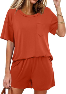 Ensemble décontracté 2 pièces pour femme : short et haut à manches courtes en coton, couleur unie, coupe ample et respirante, idéal pour l'été - Product Image 5