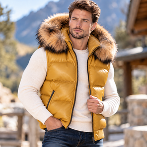Wholesale <b>Men's</b> Luxury Leather Fur <b>Hooded</b> Vest-Windproof Breathable Autumn Use Zipper Closure | Herren Luxus Lederweste | <b>Gilet</b> - Product Image 1