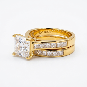 925 Silver Gold Plated Two-Piece Ring Set Three Plated Moissanite Engagement Ring Princess Square Cut Central Stone <b>Halo</b> Unisex - Product Image 4