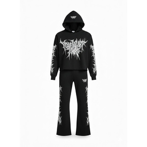 Custom Chrome Print <b>Tracksuit</b> Wholesale Mens Y2K Cropped Hoodie and Flare Jogger Set 360GSM Fleece Streetwear 2 Piece Set - Product Image 1