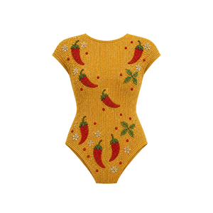 Creme Color Bodysuit with Leaf Embroidery and Center Cut-Out One Piece Swimsuits Custom Fabric Handmade Beads Swimsuit Beachwear - Product Image 3