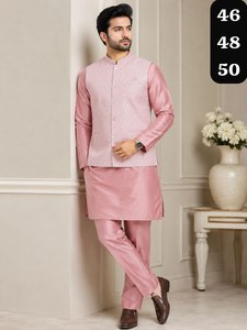 <b>Men's</b> Pink Silk <b>Kurta</b> Pajama Set With Nehru Jacket Traditional Ethnic Wear For Wedding Regular Fit Ankle Length All Seasons - Product Image 1