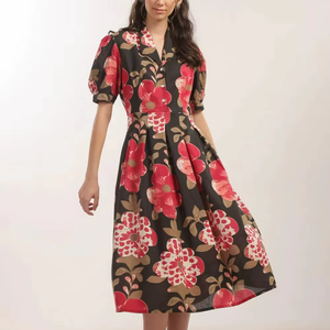Vestido Midi Floral Negro para Mujer, Tejido Flexible de Algodón Suave y Transpirable con Estampado Vibrante en Toda la Prenda, para Uso Casual de Verano - Product Image 1