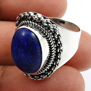 Vente flash - Bague de style bohème en argent sterling 925 avec pierre précieuse naturelle lapis-lazuli de coupe ovale - Bijoux en gros - Product Image 2
