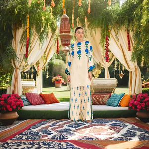 Punjabi ชุดสั้นสีขาวสำหรับฤดูร้อน kameez pallazzo ชุดผ้าไหมสไตล์ปากีสถานแขนยาวจาก Sharara อินเดียขายส่ง farshi shalwar - Product Image 2