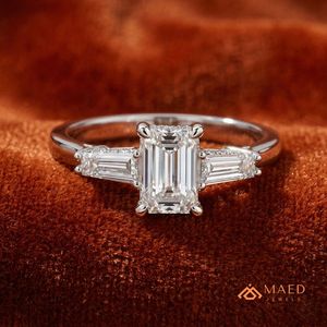 925 Sterling <b>Silver</b> <b>Emerald</b> Cut Moissanite/Diamond Engagement <b>Ring</b> for Women, Three Stone <b>Ring</b> with Tapered Baguette Side - Product Image 3