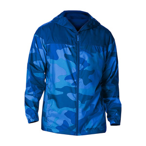 Wholesale Men's Blue Camouflage Print Hooded Waterproof Windbreaker <b>Jacket</b> Zip Front Outdoor Wear Regular Fit 100% Polyester - Product Image 1