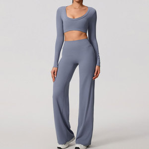 Ensemble de vêtements de sport pour femmes, haut court dos nu bleu marine, leggings sans couture taille haute, spandex polyester, tenue de yoga 2 pièces - Product Image 3
