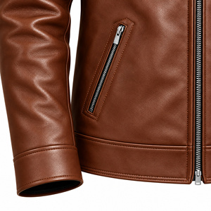 <b>Men's</b> Brown Synthetic Leather <b>Waterproof</b> Quick Dry Reversible <b>Winter</b> Jacket Zip Turn Collar Embroidered Moto Biker <b>Coat</b> - Product Image 3
