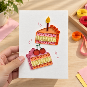 Carte de vœux artisanale de haute qualité en quilling, thème gâteau et cerises, pour anniversaire, papeterie cadeau, fabricant - Product Image 5
