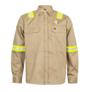 Chemise de travail FR à manches longues, haute visibilité, couleur beige, bandes réfléchissantes, vêtements de travail FR, uniforme industriel - Product Image 1