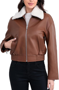 Women's Brown Genuine <b>Leather</b> Moto <b>Jacket</b> Full Sleeve Stand Collar Zipper Closure Autumn Style - Product Image 6