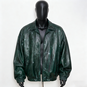 Men's Green PU Leather Bomber <b>Jacket</b> <b>Star</b> Print Turn-down Collar Zipper Closure Casual Autumn Wear - Product Image 1