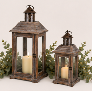 Rustic Wooden Candle <b>Lantern</b> <b>Set</b> of 2 with Metal Top Vintage Distressed Wood Floor <b>Lanterns</b> for Farmhouse Home Decor & Lighting - Product Image 4