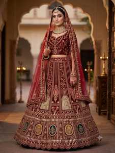 Ensemble de lehenga de mariée en velours opulent avec des ornements complexes, une coupe élégante et un caractère festif riche pour les mariages - Product Image 3