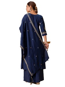 Women's <b>Navy</b> Blue <b>Silk</b> Blend Salwar Kameez Zari Embroidery Traditional Indian Pakistani Wear Loose Fit Party Winter Reversible - Product Image 4