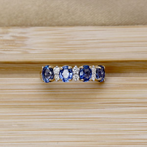 Bague en or jaune 14 carats avec saphir bleu naturel et diamants pour femme |   Bijoux en pierres précieuses de coupe ovale, vente en gros, OEM, ODM - Product Image 2