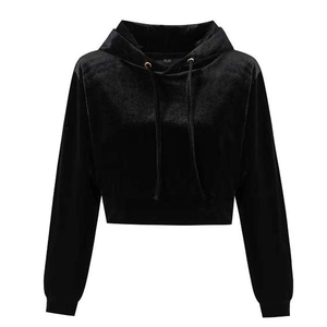 Sweat à capuche court en velours noir personnalisé pour femme, hiver 2023, pull en coton, streetwear - Product Image 1