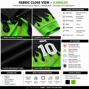Conjunto de Camiseta de Béisbol para Hombre, Estampado de Llamas Negras y Verdes, Manga Larga, Transpirable, Corte Regular, Ropa para Todas las Temporadas - Product Image 6