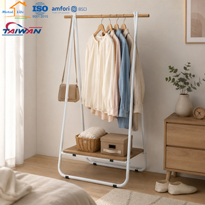 Porte-manteau en métal et bois sur pied avec étagère de rangement pour vêtements, fabriqué à Taïwan - Product Image 3