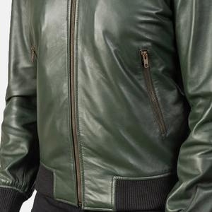 Men's Green Genuine <b>Leather</b> Streetwear Bomber <b>Jacket</b> with Stand Collar Zipper Closure Casual <b>Winter</b> Outwear - Product Image 5