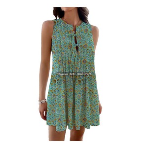 Bohemian Hippie Style Dress Hand-Block Printed Cotton Floral Top Tunic Casual Tank Short Dress Sleeveless Knitted Fabric - Product Image 4