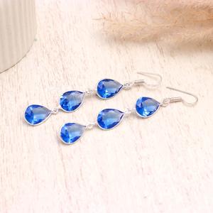 Swiss Blue Topaz Gemstone 925 Sterling <b>Silver</b> <b>Dangle</b> <b>Earrings</b>, Pear Shape Faceted Triple Drop <b>Earrings</b>, Elegant Handmade Jewelry - Product Image 1