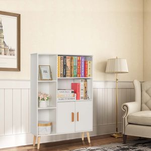 Libreria Moderna Autoportante in Legno con 2 Ripiani e 3 Cubi, Mobile Laterale con Doppie Ante, Decorazione per Interni - Product Image 1