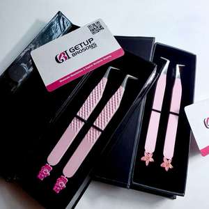 High Quality Custom Lilly Flower/ Teady <b>Bear</b> Cutout <b>Pink</b> Color 90 Boot Stainless Steel Eyelash Tweezers Smooth Silver Tip - Product Image 2