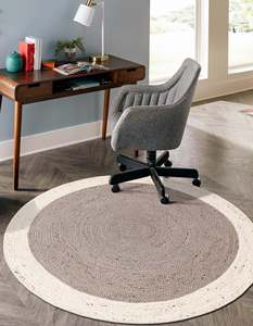 Tapis rond en jute gris tissé à la main avec bordure blanche pour salon, chambre à coucher, entrée - Product Image 1