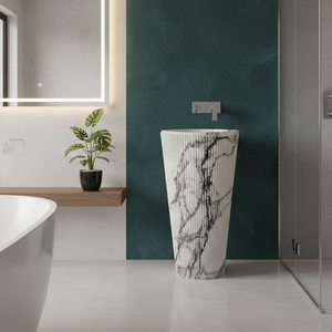 Lavabo de Pedestal de Mármol Blanco Facetado, Fregadero de Piedra para Encimera, Diseño Vertical Moderno, Ecológico, para Uso en Almacenes, Incluye Desagüe - Product Image 1