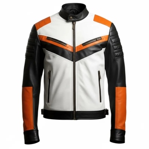 Blouson de moto en cuir pour homme, style color-block, manches longues, coupe-vent, style motard, toutes saisons, pour adulte - Product Image 1