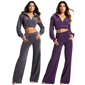 Women's Slim Fit Distress Embroidery Patch ACID WASH Flare Sweat Suit Breathable Knitted Two <b>Pullers</b> Wholesale for Winter - Product Image 2