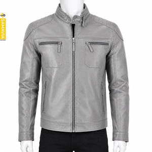 SAMAVIA <b>Men's</b> PU <b>Leather</b> Canvas Moto <b>Jacket</b> Stand Collar Zipper Closure Gray Slim Fit Biker Style Autumn Wear Quick Dry - Product Image 2