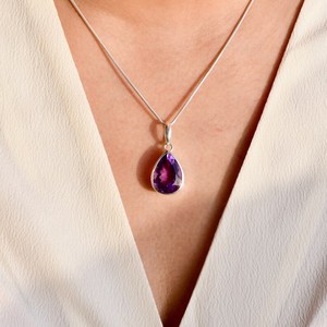 Collier en argent sterling avec pendentif améthyste taille poire, pierre de naissance de février, bijou vintage pour fiançailles, troisième pièce - Product Image 6
