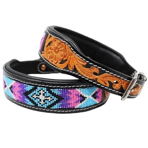 Exclusive Handmade Highest Quality Genuine Leather Solid Rivet Eco-Friendly Beaded Dog <b>Collar</b> with Customized Carved Design - Product Image 1